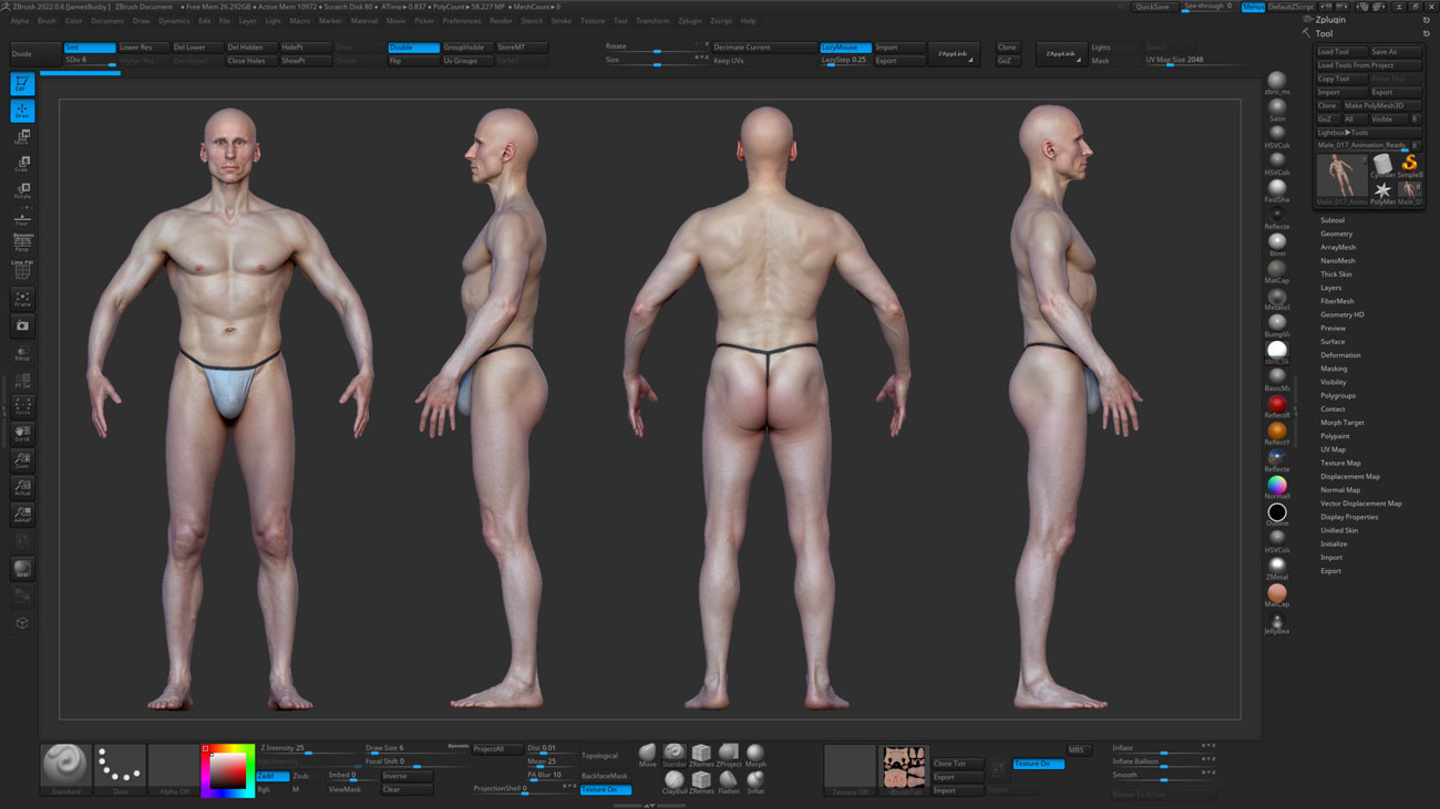 ZBrush ZTool render of a lean athletic male 3D body scan at high subdivision showing surface sculpt detail